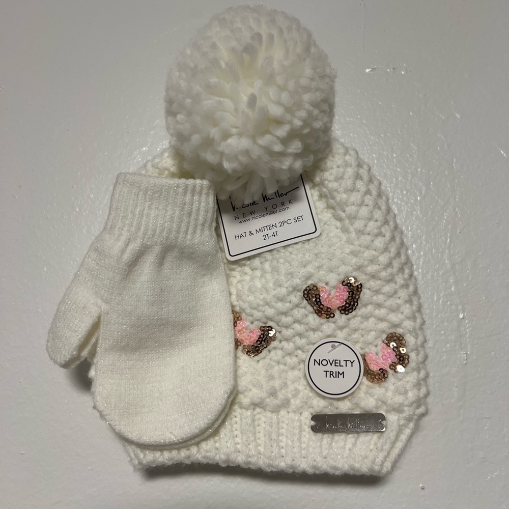 Nicole Miller NY Girl beanie Hat & Mitten 2pc Set 2T-4T White NWT